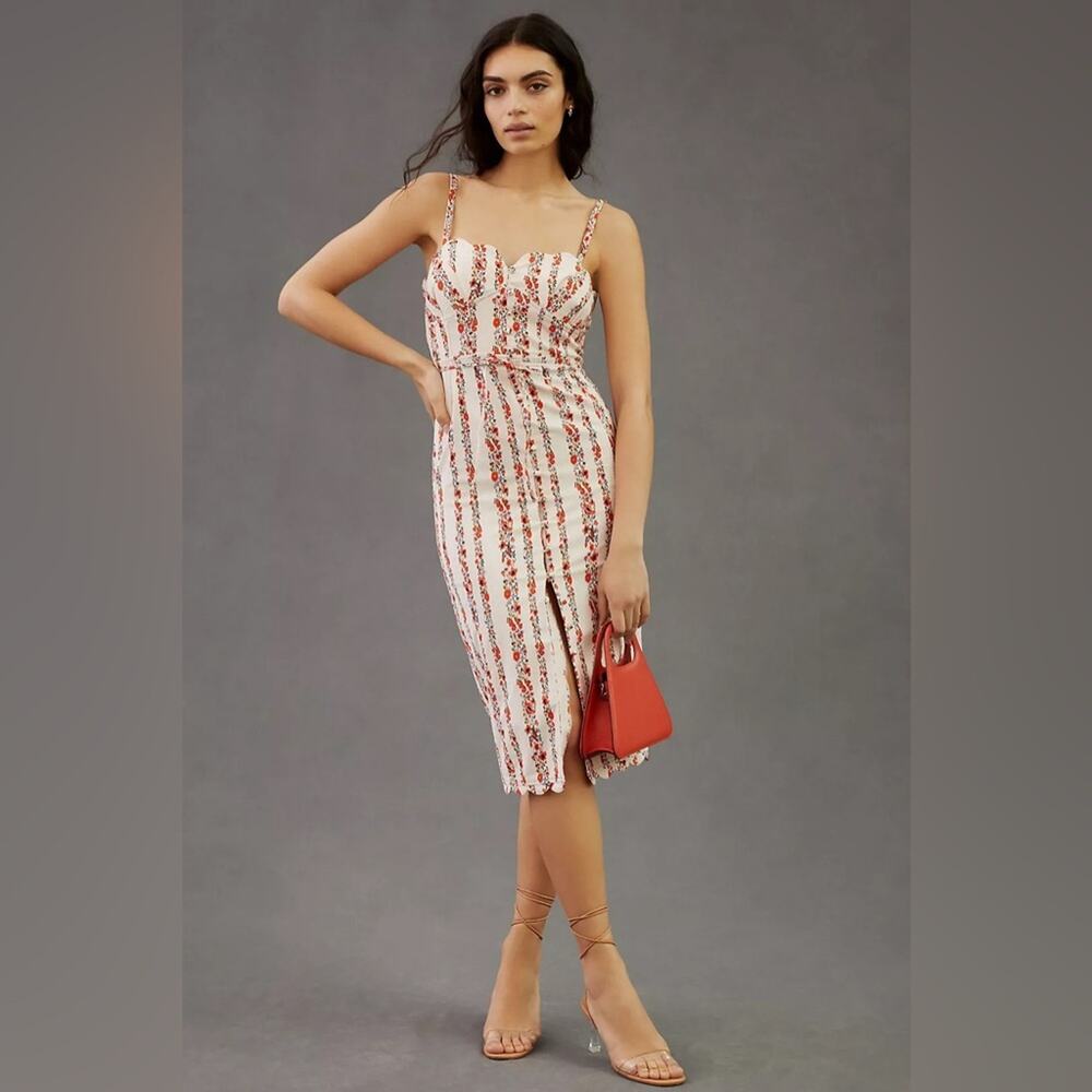 Anthropologie Size 2 White and Red Striped Floral Spaghetti Strap Midi Dress